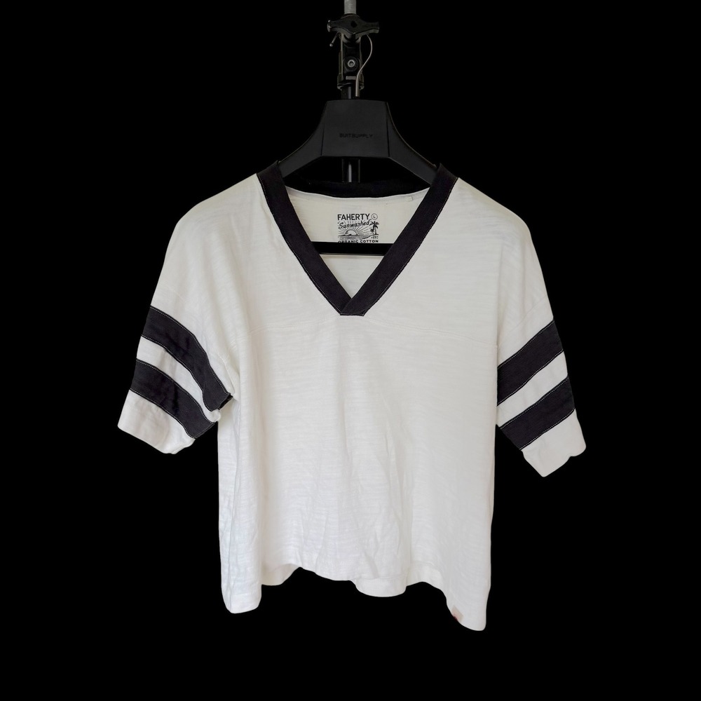 Faherty Sunwashed Organic Cotton V-Neck Ringer T-Shirt White Charcoal Stripe L